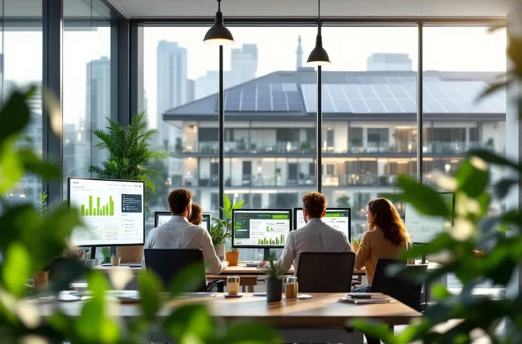 Een modern kantoor met grote ramen, diverse professionals analyseren energiegegevens. Zonnepanelen en planten symboliseren duurzaamheid.