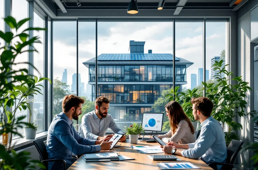 Een modern kantoor met zonnepanelen, energiezuinige ramen en professionals die energiedata bespreken in natuurlijk verlichte ruimte.