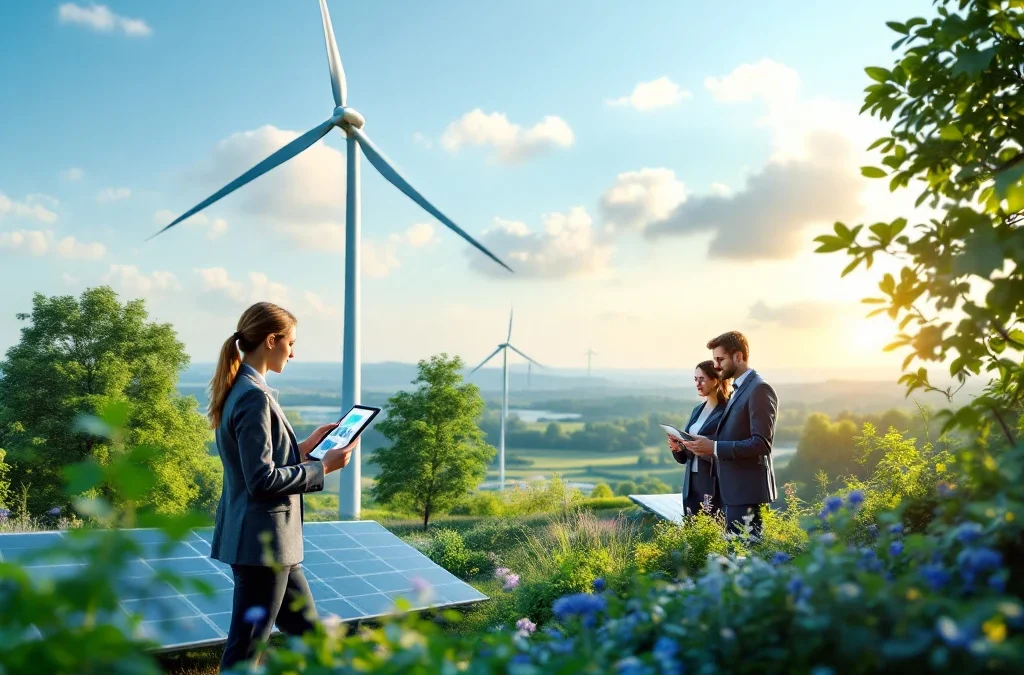 Een modern kantoor in Nederland met windturbine en zonnepanelen. Professionals bekijken energiegrafieken, symboliserend duurzaamheid.